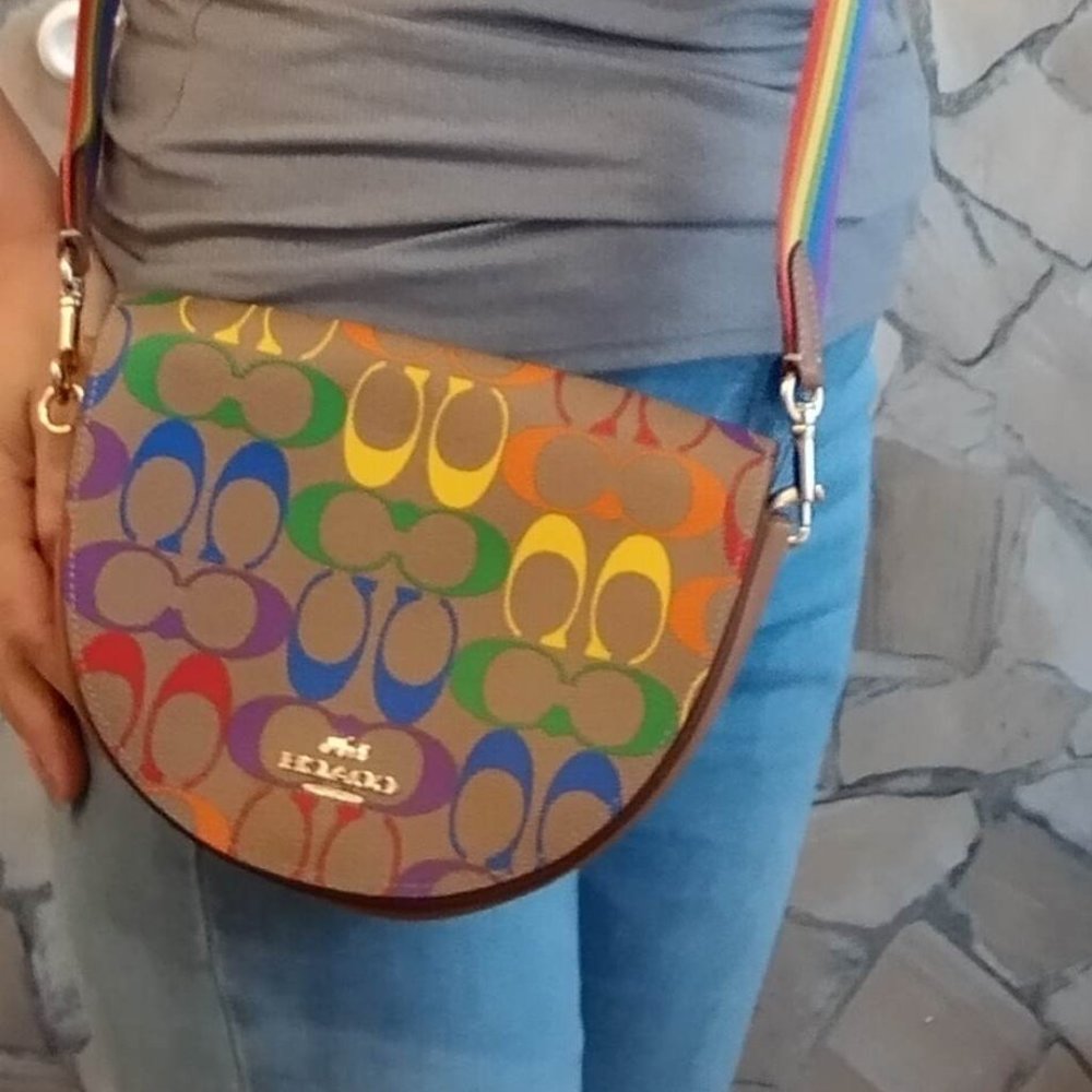 Coach Ellen rainbow signature canvas flap crossbody pride messenger bag